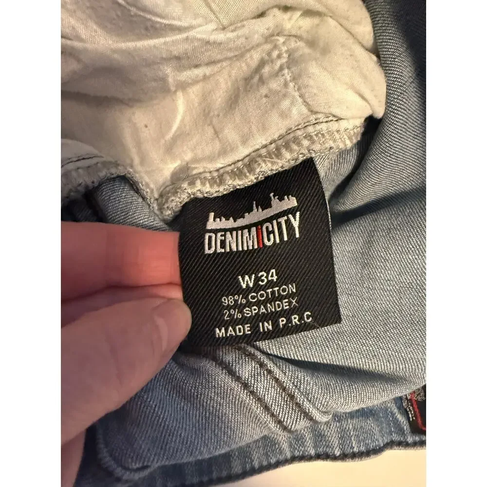 Denim City Patchwork Jeans Waist 34 Y2K Grunge Distressed Multi Print